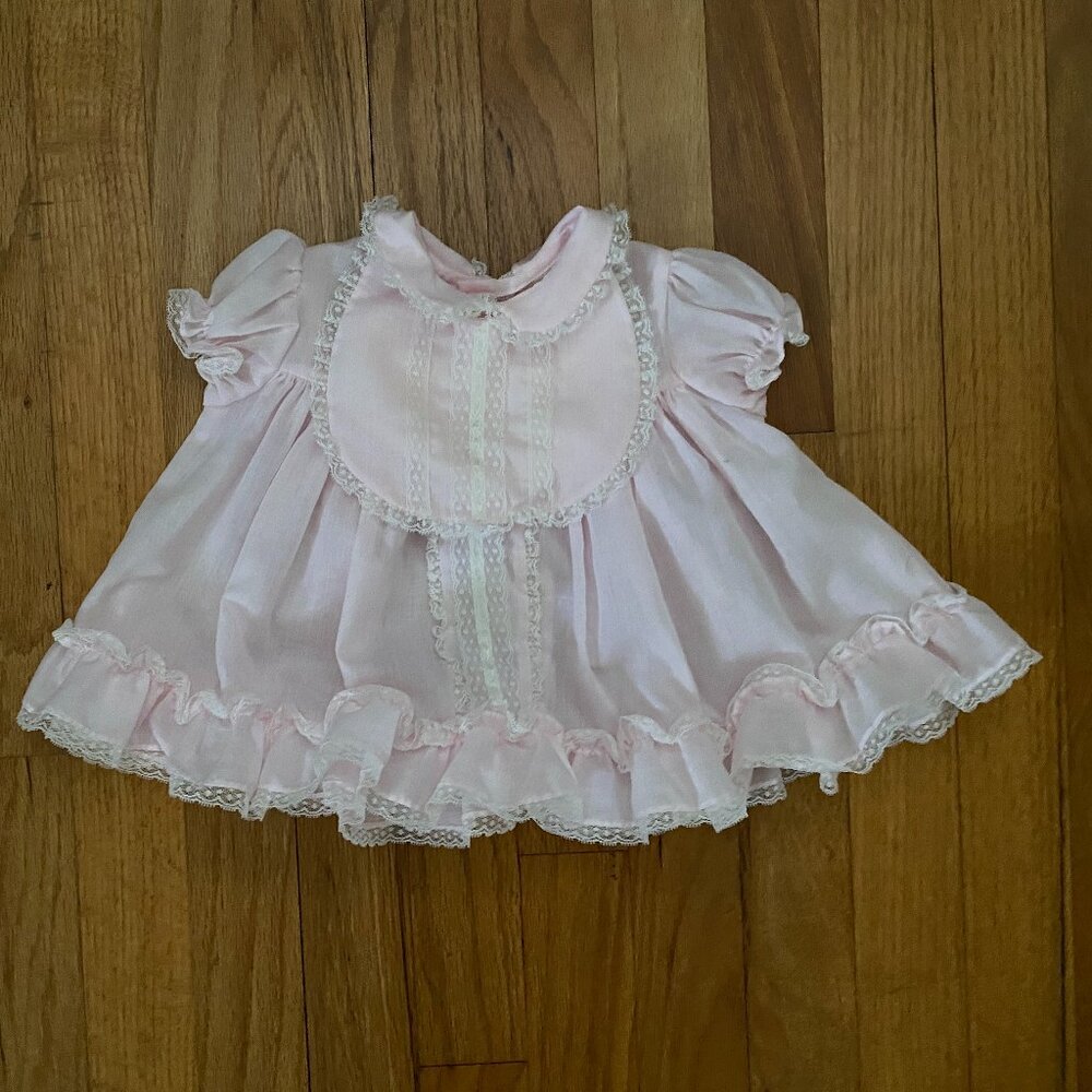 Vintage 80s Baby Girl 3-6 Months Pink White Lace Dress with Bib